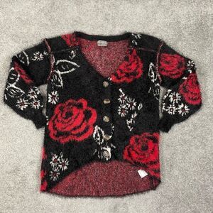 Urban Outfitters Women’s XS Fuzzy Soft Floral Rose Cardigan Sweater Black Red